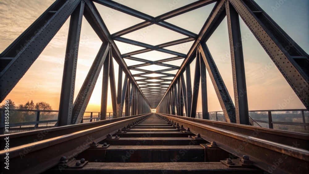 Poster An artistic angle captures a linear perspective of several overlapping steel trusses their elongated shapes converging towards a central vanishing point. The depth of field