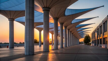An artistic angle captures a series of columns arrayed in a sequence their protective covers fluttering like sails in the wind. The setting sun creates a warm glow on the concrete