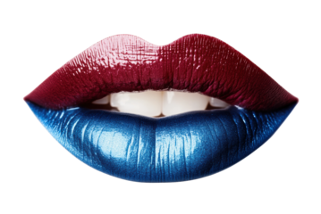 Glossy lips with gradient red and blue lipstick, vibrant color makeup detail, artistic beauty close-up, sensual fashion aesthetic isolated on transparent background