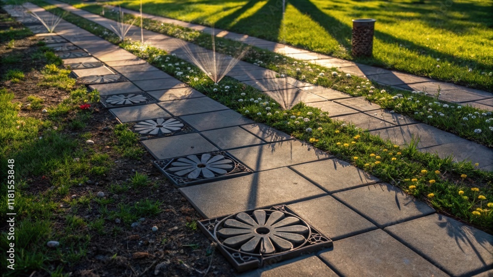 Poster An artistic angle focusing on the shadows cast by the modular irrigation system elements on the ground alongside patches of grass and small wildflowers. The interplay of light and