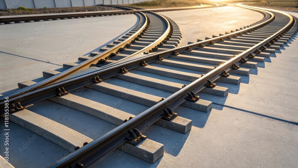 Aufkleber An artistic angle of several preformed rail crossings lying on a flat surface catching the light at different angles. The various contours and shadow play across the surfaces
