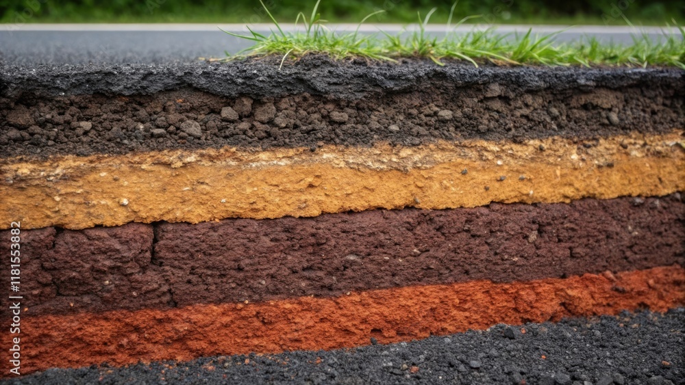 Poster an artistic angle of the crosssection highlighting the contrasting colors of the various asphalt lay