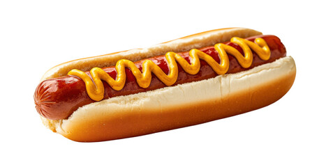Traditional hot dog with mustard and ketchup, served in a fresh bun, classic American fast food snack isolated on transparent background