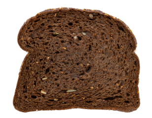 Top view from slice of dark brown whole grain bread, isolated cutout on a transparent background.