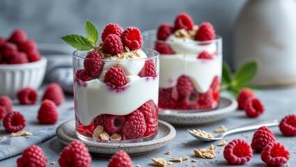 Yogurt and Raspberry Dessert, a Healthy Snack Combining Creamy Yogurt with Fresh Fruit for a Deliciously Nutritious Treat