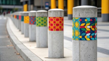 An artistic angle of a series of precast concrete bollards adorned with colorful removable art panels. The close composition emphasizes the contrast between the industrial material