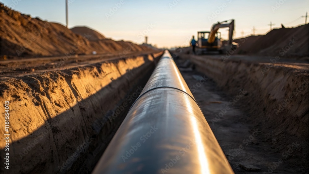 Poster An artistic capture of a conduit viewed at an angle with a backdrop of distant machinery slightly blurred yet visible. The conduits metallic surface glistens in the sunlight