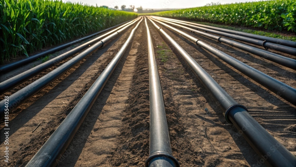 Aufkleber An artistic arrangement of various lengths of irrigation pipes creates intriguing shadow patterns on the ground below. The interplay of light and shadow combined with the raw