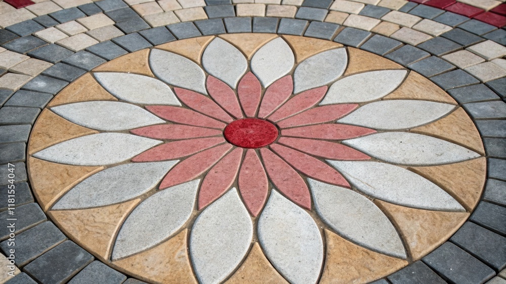 Poster an artistic closeup depicting a circular pattern formed by the paving stones wherein each stone radi