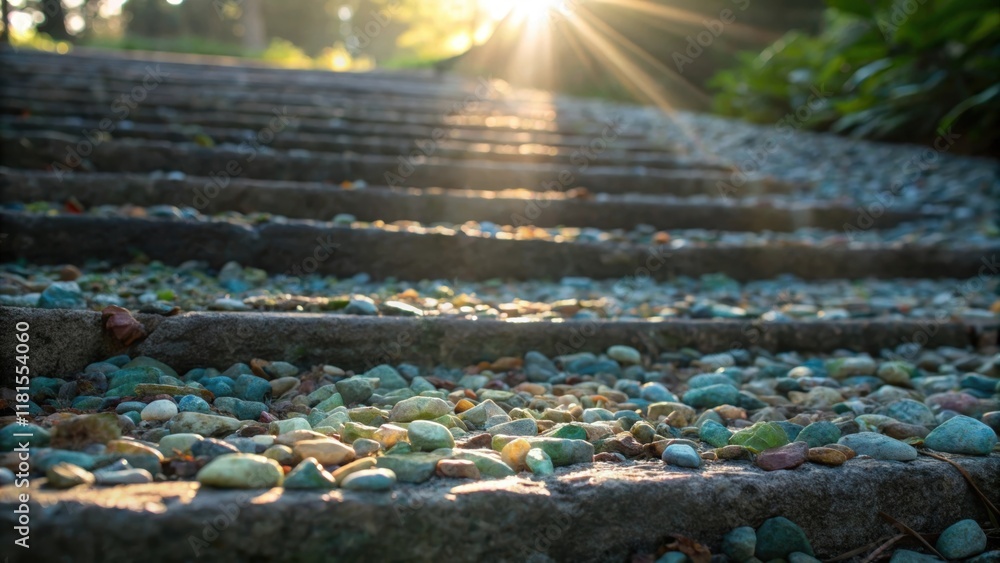 Poster an artistic closeup where sunlight filters through the tered gravel casting fragmented light and sha