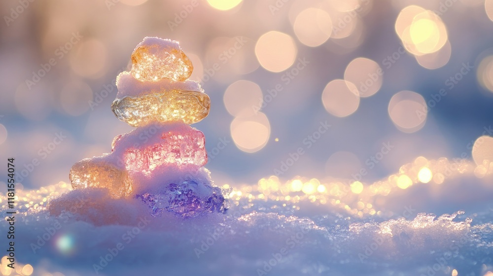 Poster a dreamy winter scene showcasing radiant ice stacks of various hues on pristine snow with soft bokeh