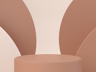 Minimal scene 3d with podium and geometrical forms and layers in Mocha Mousse Color. Trendy color 2025. Scene for cosmetic product presentation. Abstract background, brown studio room. 3d render.