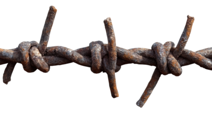 Rusty barbed wire closeup with sharp twisted metal, detailed texture of weathered iron, symbol of security, danger, and barriers isolated on transparent background