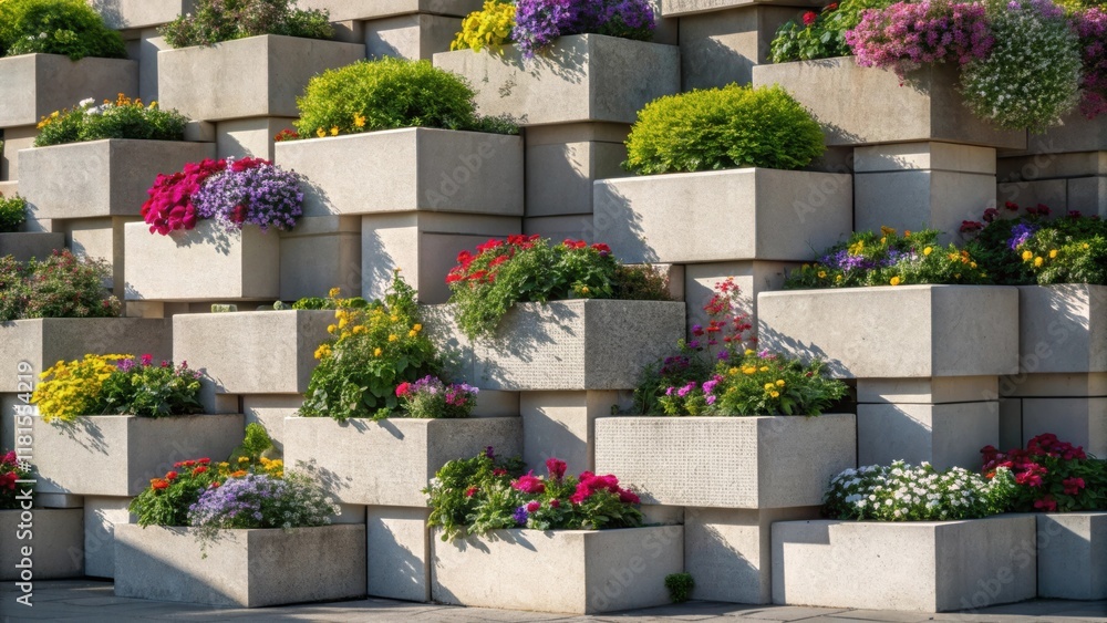 Poster An artistic perspective capturing the juxtaposition of concrete and greenery featuring sculptural modular planter boxes atop one another adorned with colorful blossoms that frame