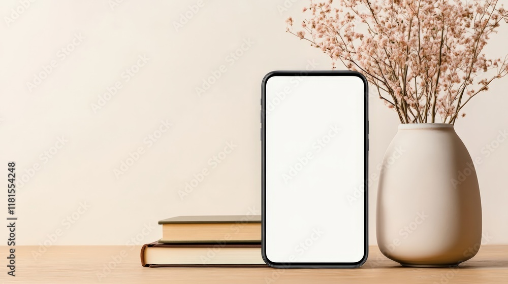 Poster modern smartphone with blank white screen is standing on wooden table next to books and flower vase 