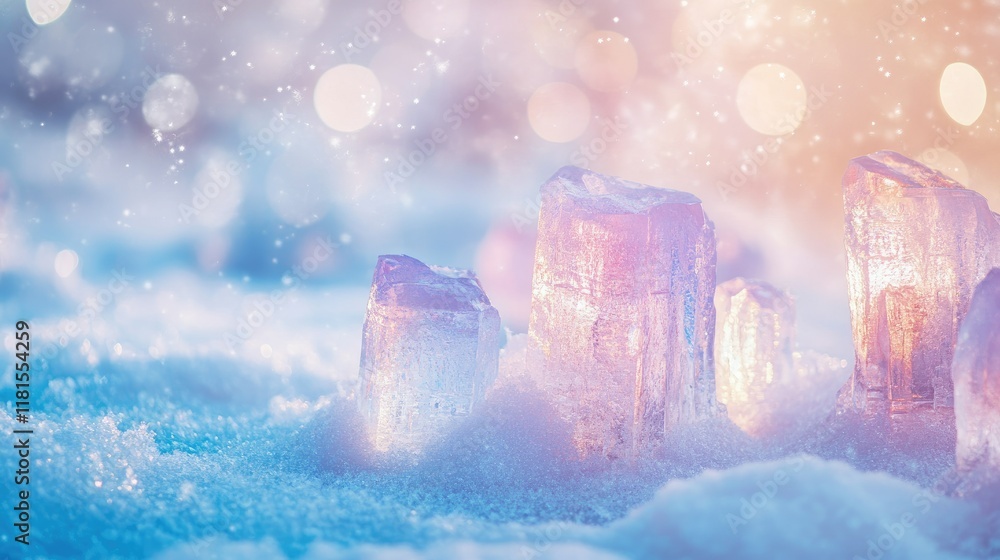 Poster a dreamy winter scene showcasing radiant ice stacks of various hues on pristine snow with soft bokeh