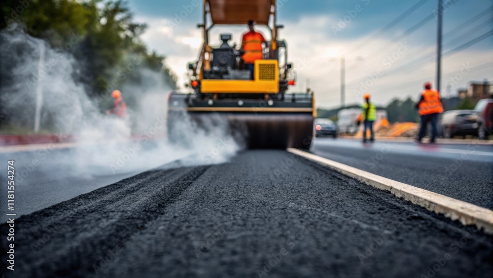Poster an artistic portrait of the paving process where the machines powerful engine emits a plume of vapor