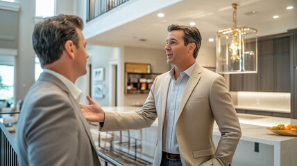 A charismatic realtor in a beige suit gestures towards an open-plan kitchen during a luxury home tour. The setting exudes elegance with warm lighting highlighting premium features.