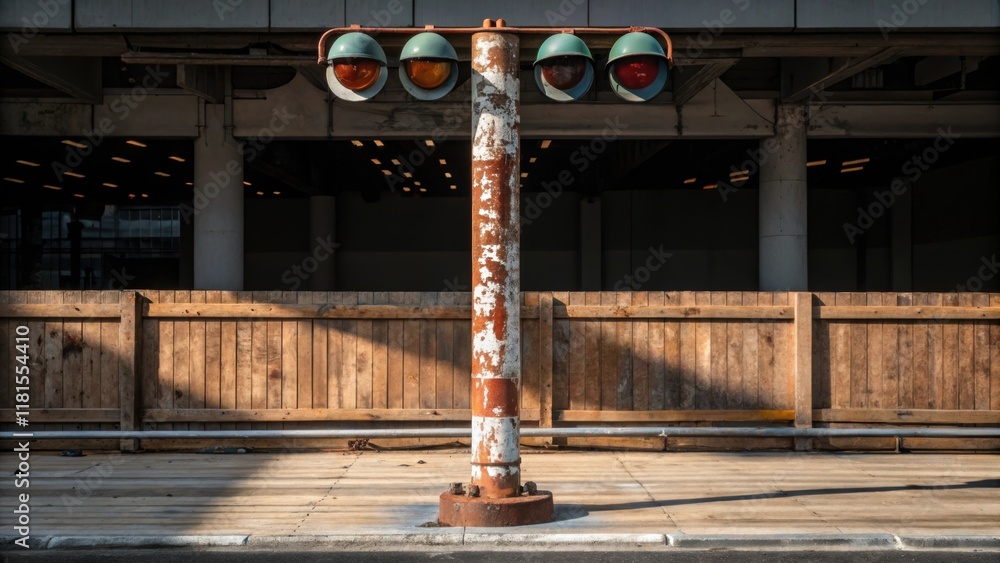 Poster an artistic shot of a rusted traffic signal pole leaning against a wooden barrier the paint chipped 