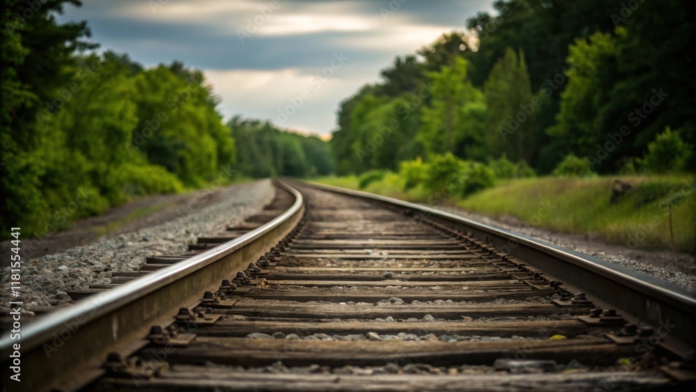 Poster An artistic shot of the rail tracks curving into the distance with the focus on the texture of the tracks themselvesgritty and weatheredcontrasting sharply with the surrounding