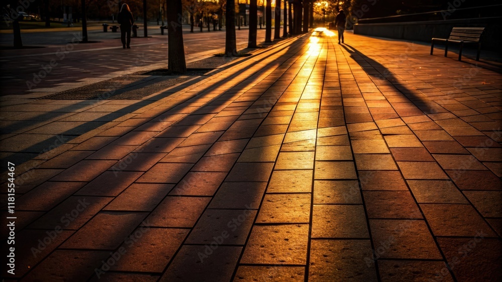 Poster an artistic shot of the shadows cast by the pavers at sunset creating elongated patterns on the grou