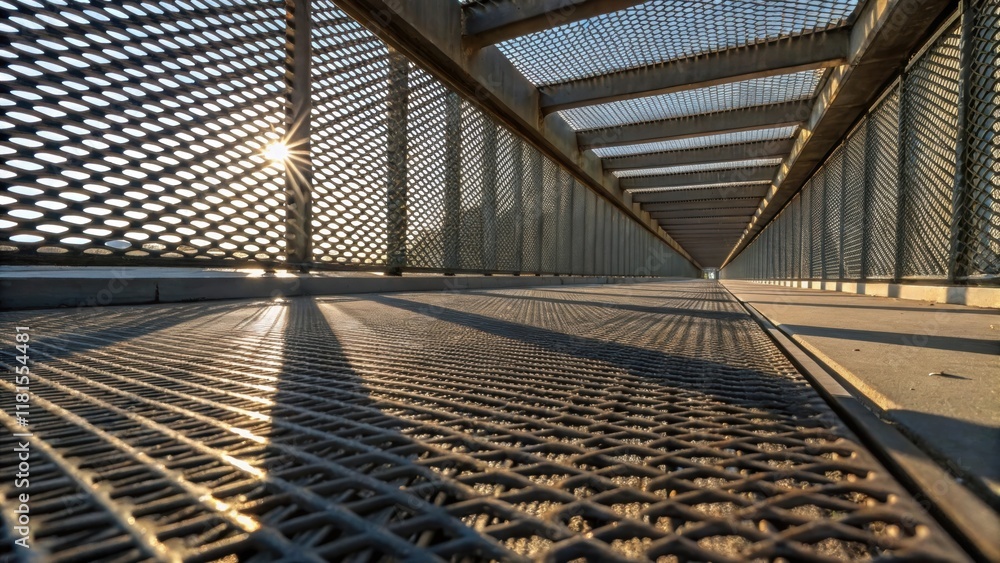 Fototapete An artistic view capturing the patterns of steel mesh panels from a low angle with sunlight filtering through the gaps. This perspective creates an illusion of depth with shadows