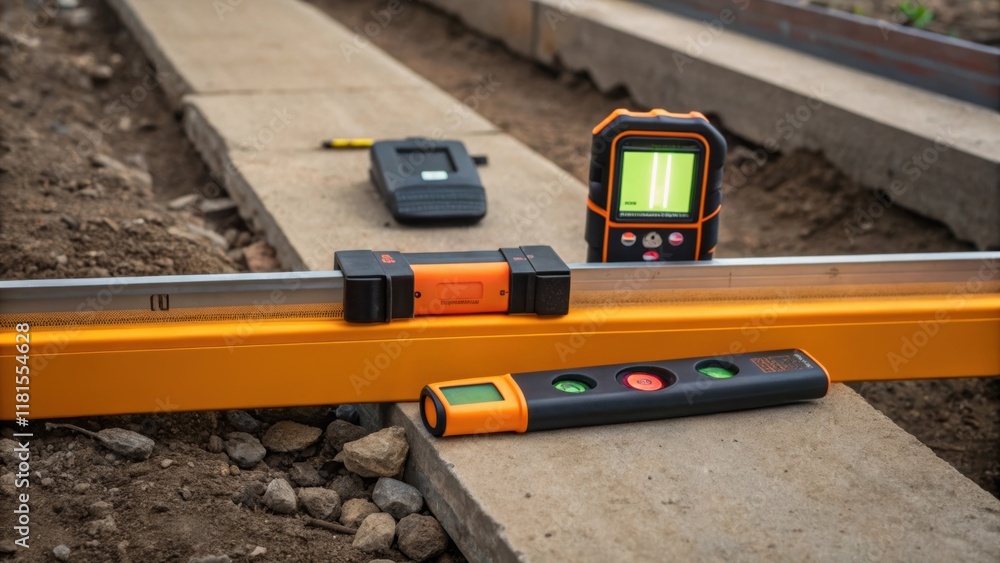 Poster An engaging snapshot of construction tools laid out on the ground beside a segment with a focus on a digital leveling instrument. The glowing screen contrasts with the earthy tones