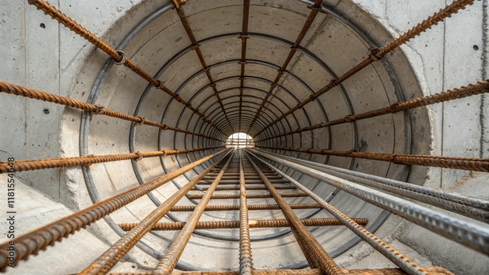 Aufkleber An eerie glimpse into the undersurface of a precast tunnel segment where the complex reinforcement bars are embedded within the concrete. This detailed view reveals the robust