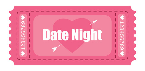 Date Night pink ticket for Valentines day isolated on white background.