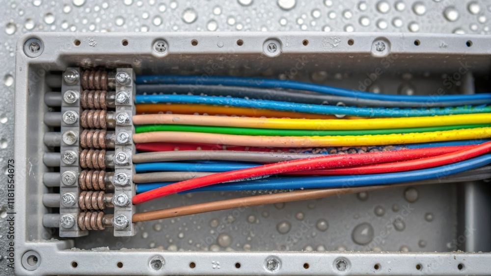 Poster An extreme closeup of the wiring inside a junction box where colored wires are meticulously organized and bundled. The texture of the insulation with small punctures visible hints