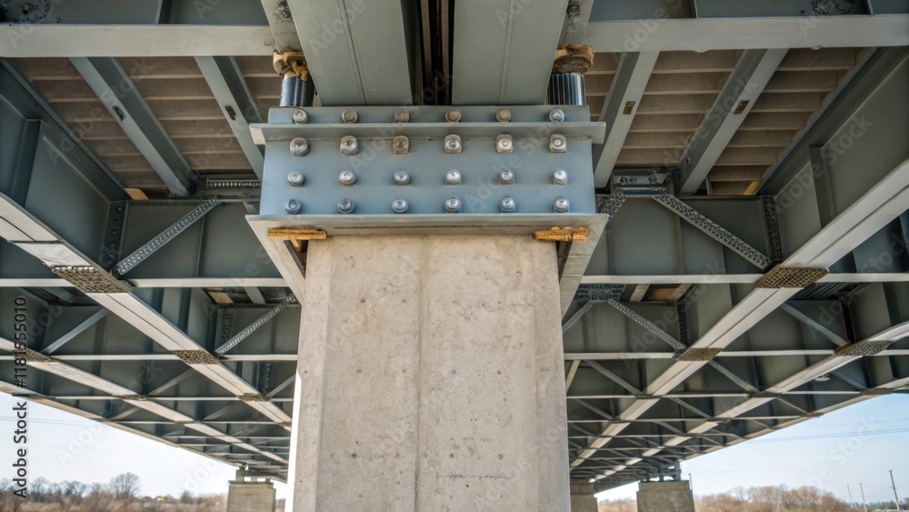 Poster an image capturing the connection between the concrete pillar and an overhead steel girder. the gird