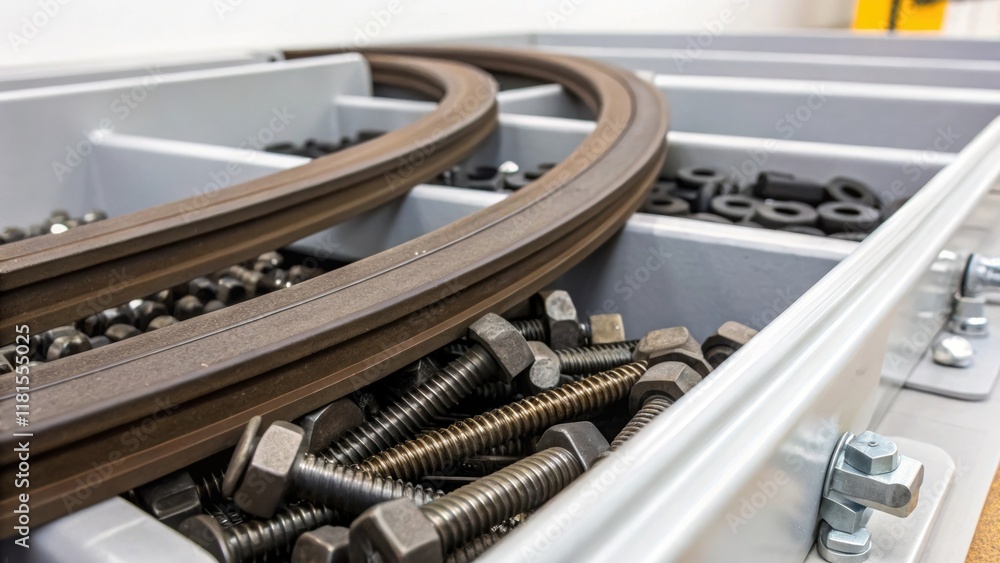 Aufkleber An image capturing the intricate interlocking mechanisms of various rail clips within their bin illustrating the engineering behind their design. The smooth curve of the clips