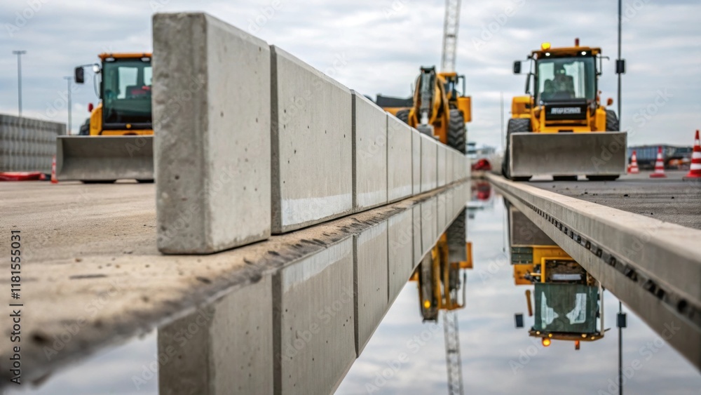 Poster An image capturing the reflection of nearby construction machinery mirrored in the smooth surface of a precast concrete barrier emphasizing the functionality of the barriers while