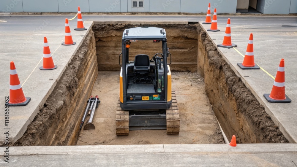 Leinwandbilder An image concentrating on a small compact excavator parked at the edge of a deep foundation trench its open cabin revealing a set of controls that hint at the skilled operation