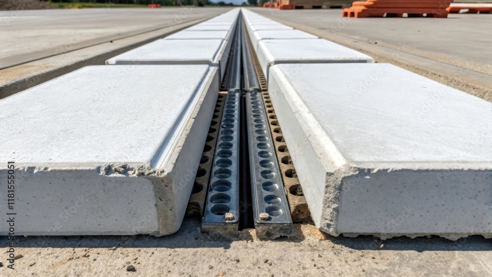 Aufkleber An image focused on the interlocking sections of a preformed expansion joint highlighting the precision engineering involved in its design. Each segment seamlessly fits into the