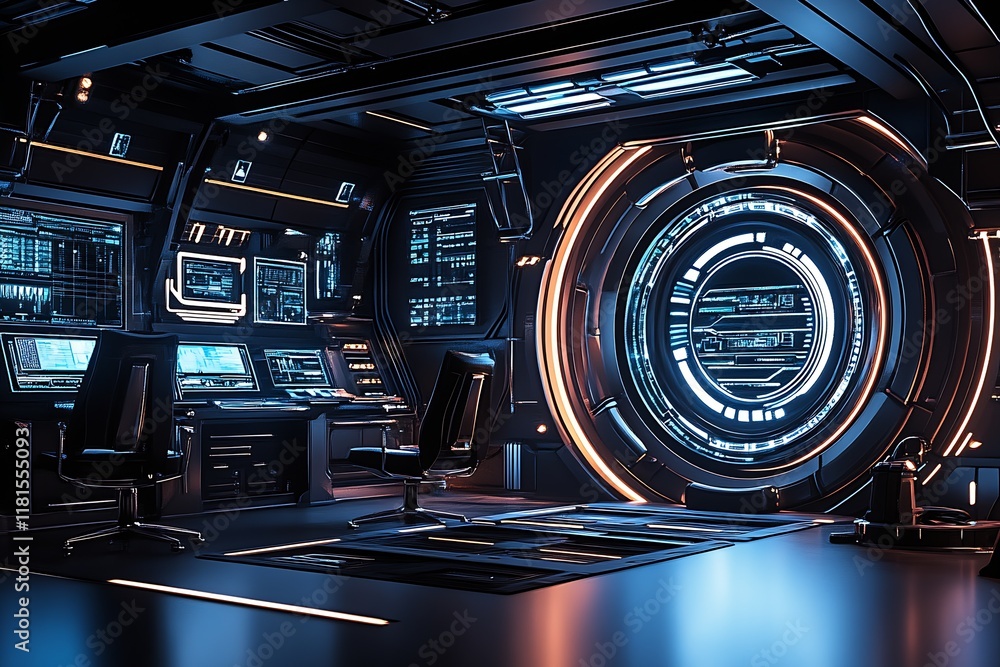 Poster Futuristic Spacecraft Command Center with High Tech Displays in a Dark Minimalist Interior : Generative AI