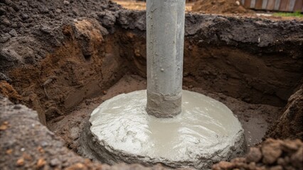 Fototapeta premium An image capturing the stark contrast between the dark muted colors of the surrounding soil and the bright raw concrete mixture being filled into a foundation pile. The smooth