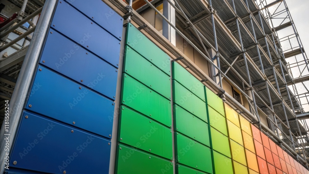 Aufkleber An image focusing on the seams where modular cladding panels meet revealing their precise engineering. The panels reflect a spectrum of hues ranging from deep blues to vivid greens