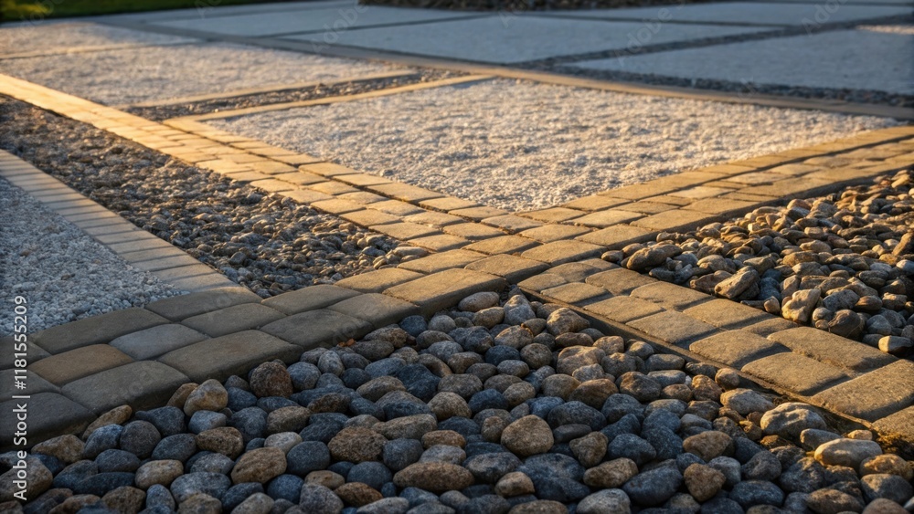 Aufkleber An image focusing on the junction where the larger stones intersect with finer gravel showing the careful arrangement and transitions in texture the play of light and shadow