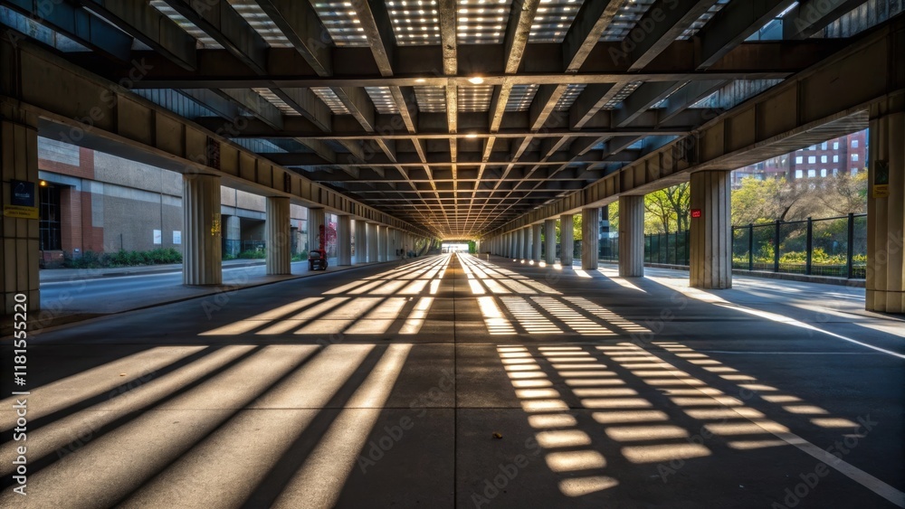 Aufkleber An image focusing on the pedestrian experience beneath the overpass where beams overhead create patterns of light and shadow on the pavement. The reflections of the beams can be