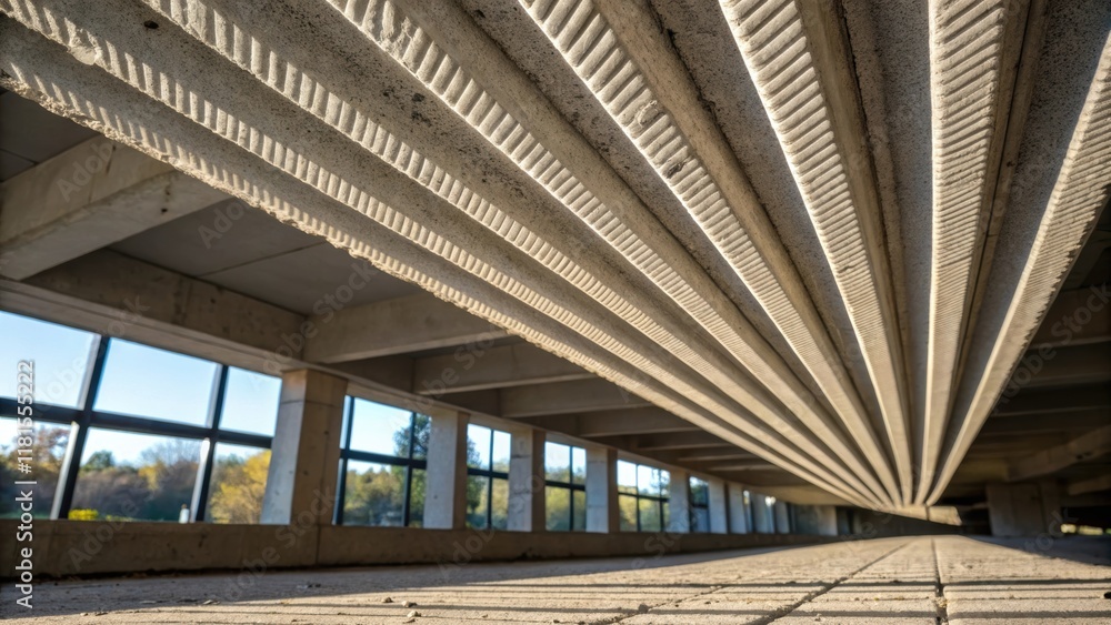 Poster An image focusing on the underside of a precast concrete slab displaying the ribbed structure that adds strength while minimizing weight. The light filtering through nearby windows