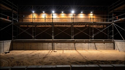 An image highlighting the shadows cast by the angled beams of temporary lighting above the platform edge illuminating the scaffolding. Textures of worn concrete and soil converge