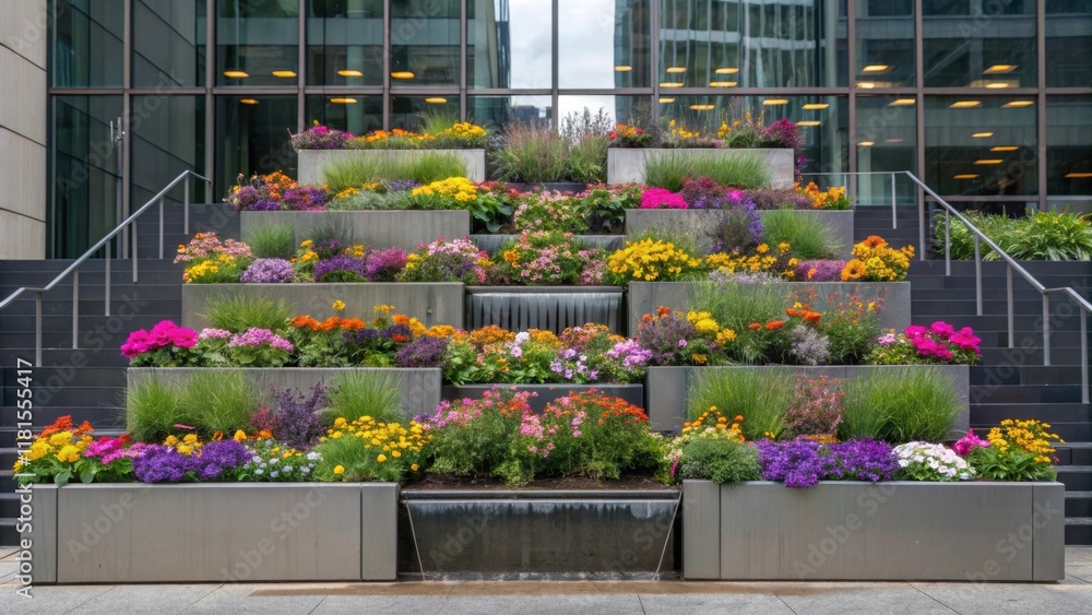Poster An imaginative view of a series of modular planter boxes arranged in a cascading waterfall effect overflowing with a riot of wildflowers their vibrant colors and varying heights