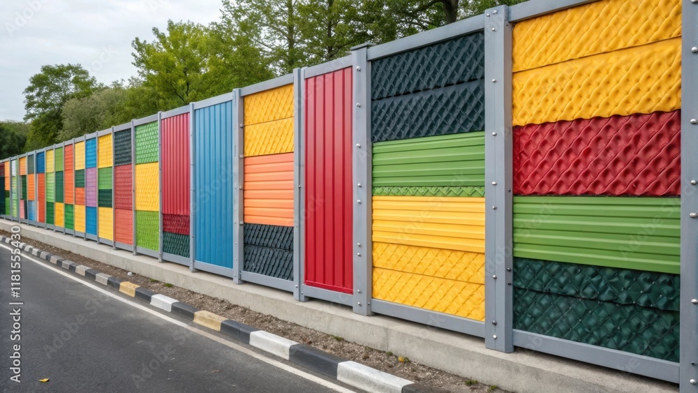 Poster An innovative noise barrier made entirely of recycled materials displaying a patchwork of colorful panels. Each panel boasts its own unique texture and color from vibrant tablets