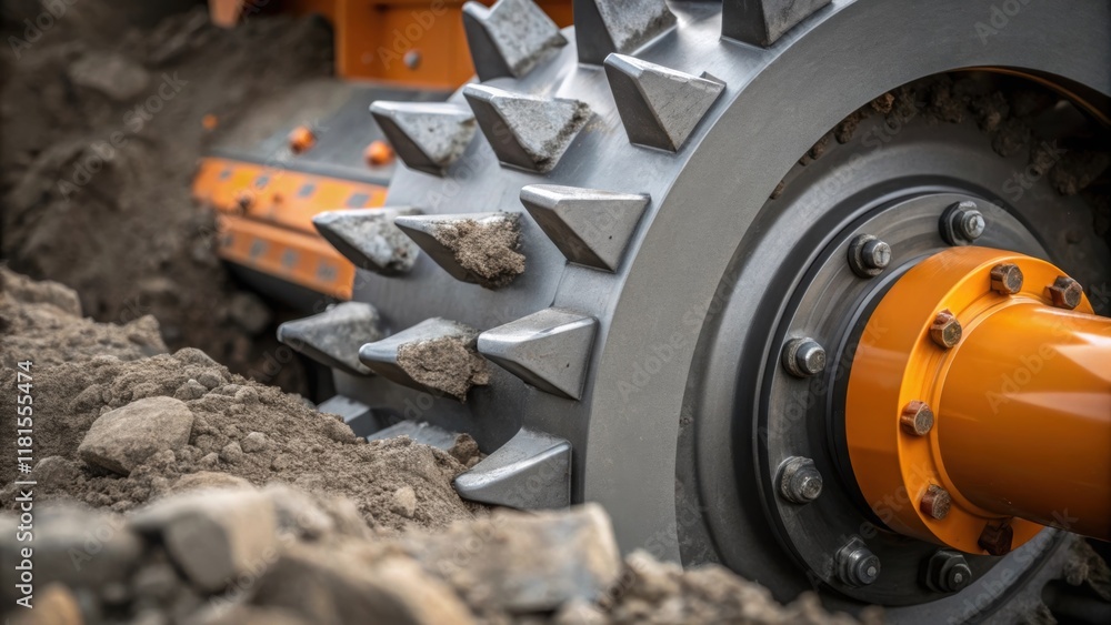 Aufkleber An intense closeup of the machines rotating ting wheel showcasing the jagged metallic teeth embedded with sharp tungsten carbide tips glimmering in the light. Chunks of soil and