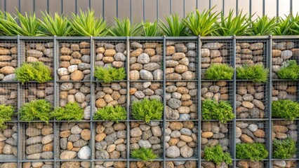 An innovative gabion wall constructed from wire mesh cages filled with smooth river stones displaying a blend of natural colors and textures while bright green succulents and
