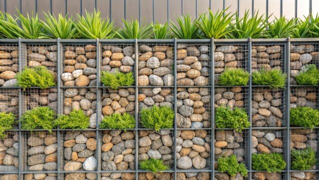 An innovative gabion wall constructed from wire mesh cages filled with smooth river stones displaying a blend of natural colors and textures while bright green succulents and