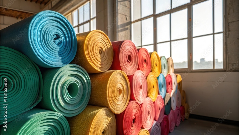 Poster an intimate view of a bundle of colorful insulation wraps stacked neatly each roll revealing differi