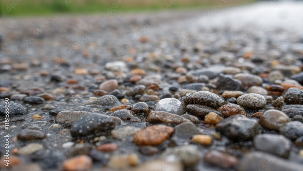 Poster an intimate shot of moisture beads resting on the surface of compact gravel after a light rain highl