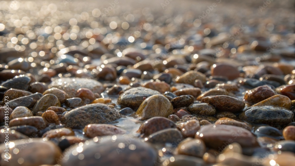 Poster An intimate perspective of freshly laid gravel with glistening moisture on individual stones reflecting light and showcasing the subtle variations in colorfrom earthy browns to